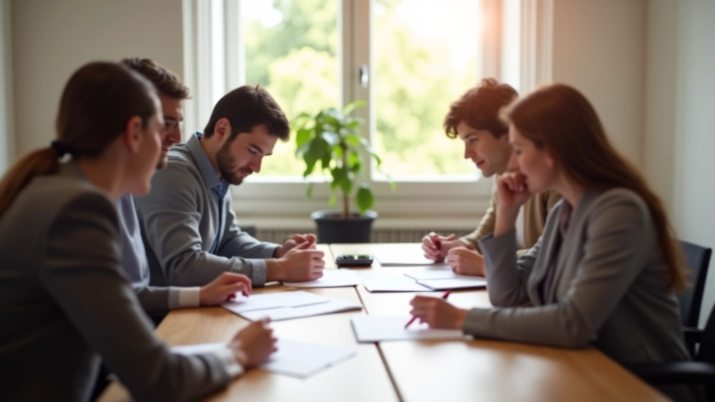 Groupe de personnes diversifiées assises autour d'une table de réunion avec des documents financiers et des stylos, discussion collaborative dans un espace de travail moderne