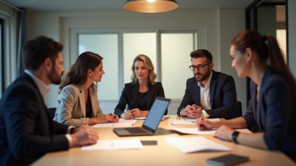 Groupe de personnes dans une salle de réunion consultant un ordinateur et des documents de planification financière