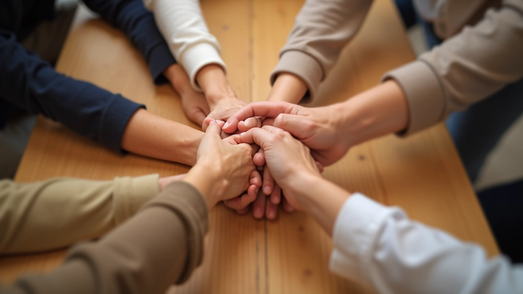 Mains de plusieurs personnes se rejoignant au centre d'une table montrant la solidarité