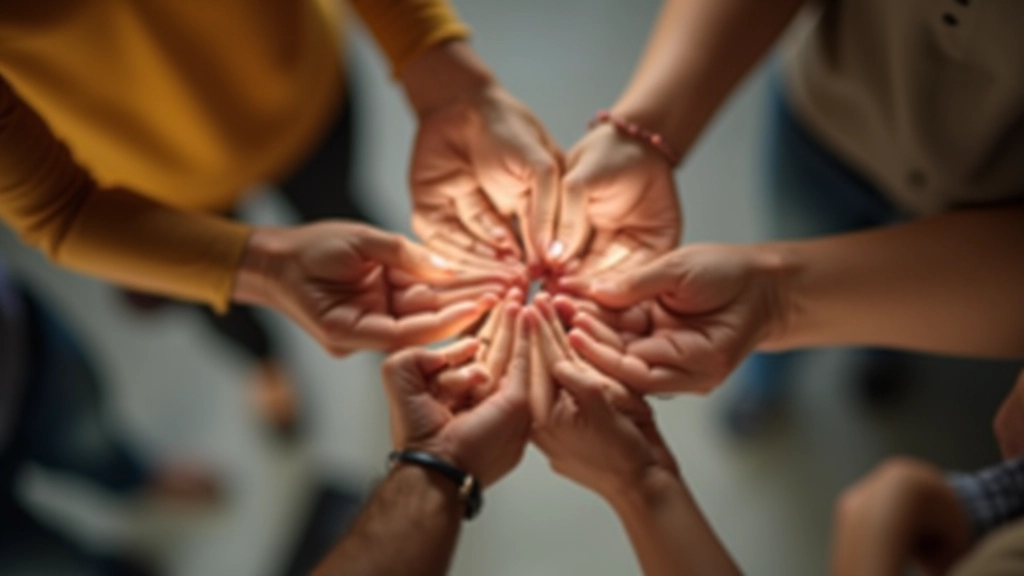 Mains se joignant ensemble en cercle symbolisant la solidarité et la communauté financière