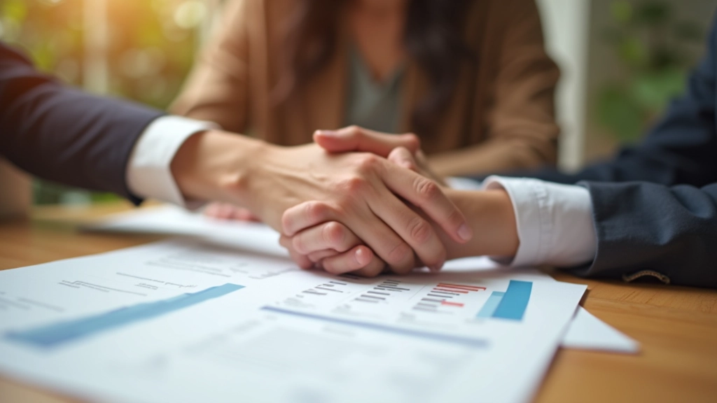 Mains jointes au-dessus de documents financiers montrant la collaboration et l'épargne collective