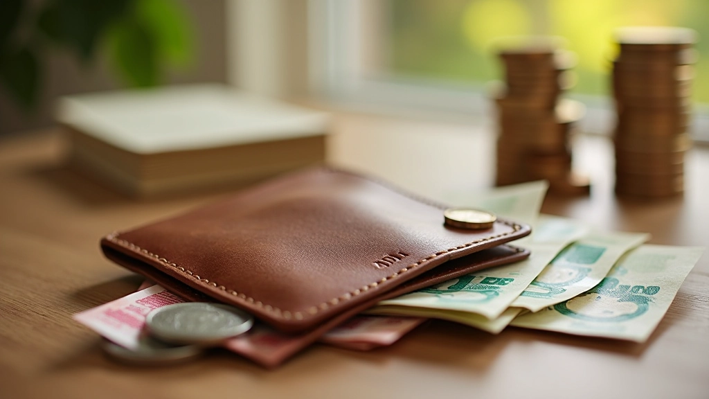 Portefeuille en cuir avec billets et pièces de monnaie sur table en bois, représentant la gestion diversifiée de l'épargne
